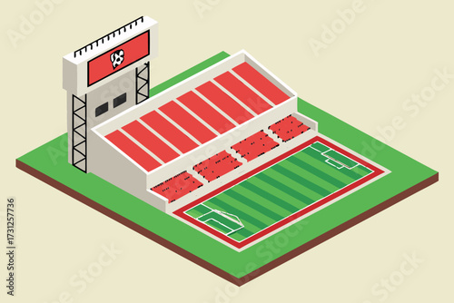 Isometric soccer stadium with green field red seats and scoreboard isometric view football field