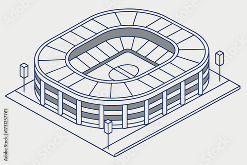 Isometric stadium illustration with blue and grey tones on a light background arena sports