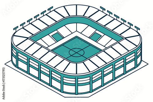 Isometric stadium with soccer field and seating in teal and dark blue football sports