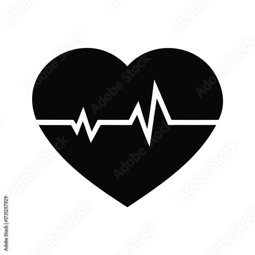 Black heart with heartbeat frequency showing health and medical concepts, heart rate monitor silhouette vector illustration