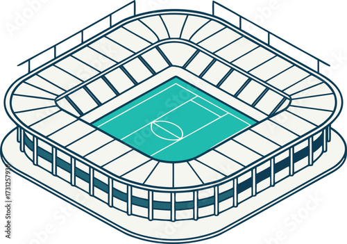 Isometric stadium with teal field and cream seating viewed from above sports arena