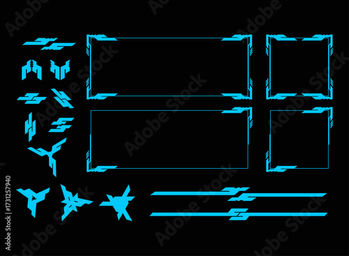 Futuristic UI HUD Elements Pack with Neon Blue Frames Borders and Icons for Sci Fi Game Interface Streaming Overlay Cyberpunk Panels and Digital Tech Screen Design