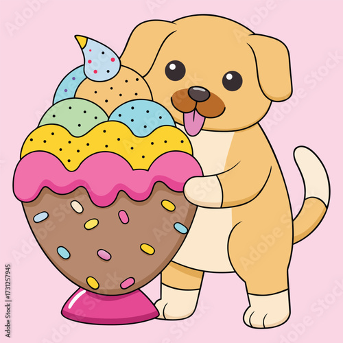 Cute Cartoon Dog Holding Colorful Ice Cream Sundae