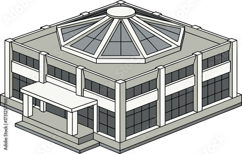 Isometric view of a modern building with glass windows and a geometric roof architecture