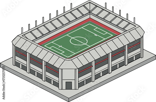 Isometric view of a green soccer field inside a grey stadium with red accents soccer stadium football stadium