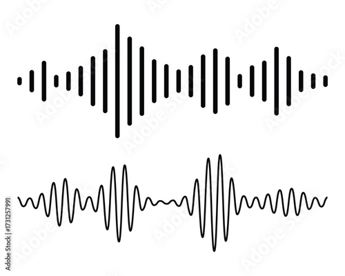 Audio waveform icon featuring continuous sound lines, music waves, podcast signals. Continuous thin line sound wave icon. Recording frequency and vocal noise design background.