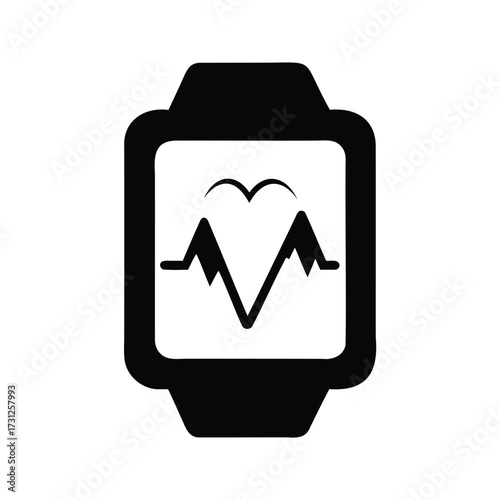 Smart watch with heart rate monitoring and mountain activity tracking display, heart rate monitor silhouette vector illustration