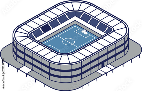 Isometric view of a modern sports stadium with a blue soccer field and white seating football arena