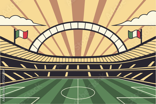 Italian flag waving over green soccer stadium with arched roof and sunburst background football stadium