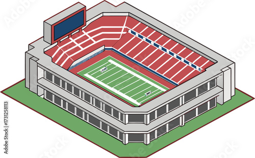 Isometric view of a sports stadium with green field red seats and large screen arena