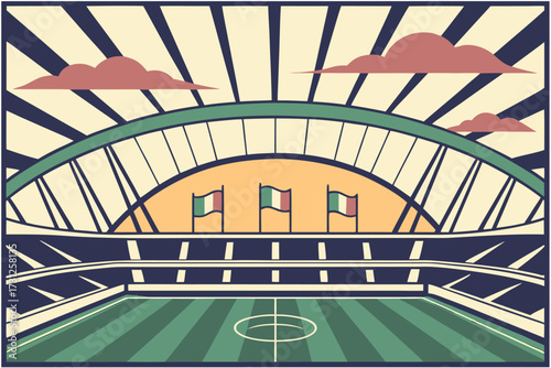 Italian flags fly over a stylized soccer stadium with sunburst background football stadium Italy