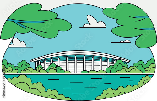 Modern stadium building with green trees and blue water under sky with clouds architecture sports