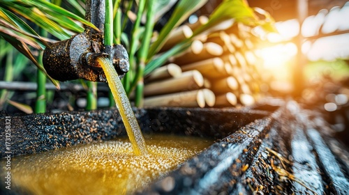 Freshly pressed sugarcane juice flows from a mill, capturing the essence of sugar production in a vibrant, sunlit field filled with lush sugarcane plants and rich natural surroundings.