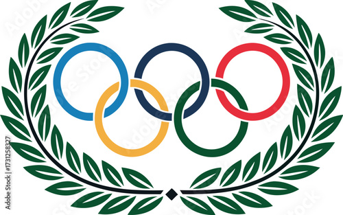 Olympic rings intertwined with green laurel branches on white background olympic symbol laurel wreath