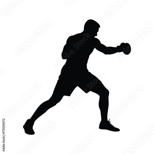 Black silhouette of muscular boxer in attacking stance isolated on white background, male athlete boxing silhouette vector illustration