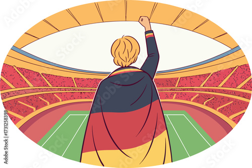 Person wearing German flag cape raises fist in stadium celebrating victory germany raising fist
