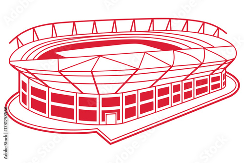 Red outline drawing of a large stadium with tiered seating and a roof structure sports arena architecture