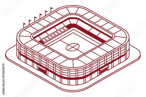 Red outline isometric stadium with field and seating on white background sports stadium arena