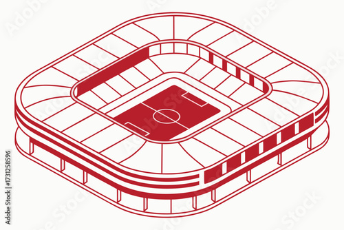 Red outline isometric stadium with soccer field and seating football arena