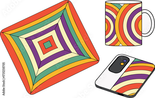 Retro groovy concentric rainbow stripes on square coaster mug and phone case vector
