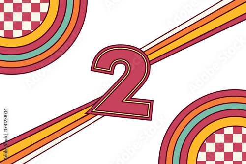 Retro number two with rainbow stripes and checkerboard accents vintage