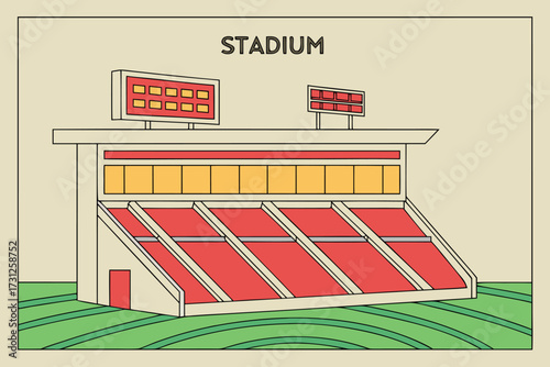 Simple cartoon stadium with red seats yellow tiers and green field sports arena