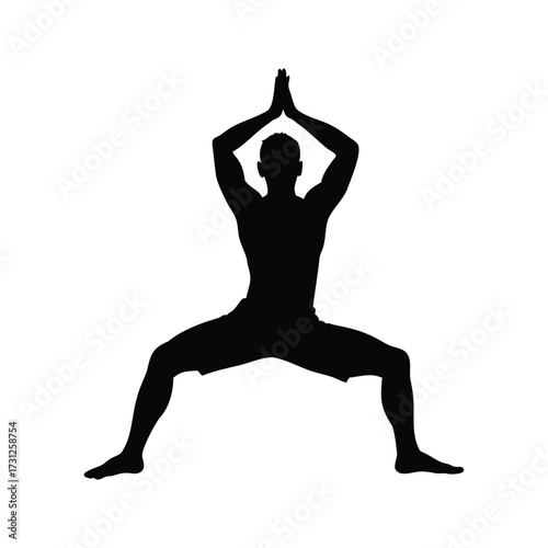 Silhouette of a man performing a goddess yoga pose with hands together, man doing sun salutation silhouette vector illustration