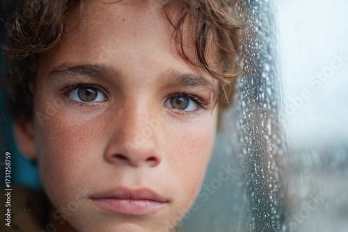Intense gaze of boy behind rain-splattered window, emotions palp