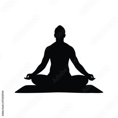 Silhouette of a person in lotus pose on a yoga mat, practicing meditation, man doing yoga on mat silhouette vector illustration