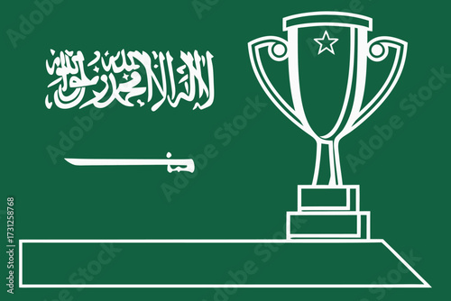 Saudi Arabia flag with white trophy and sword graphic on green background award victory