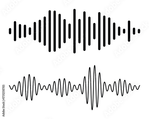 Set of radio wave icon. Monochrome simple sound wave on white background. Vector sound wave icon. Music player sound bar. Record interface. Equalizer icon with soundwave line. Used for mobile.