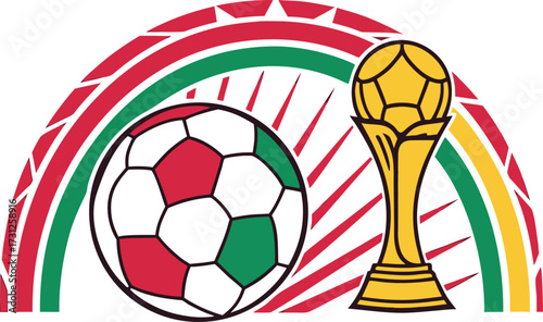 Soccer ball and trophy with red green yellow abstract background football award