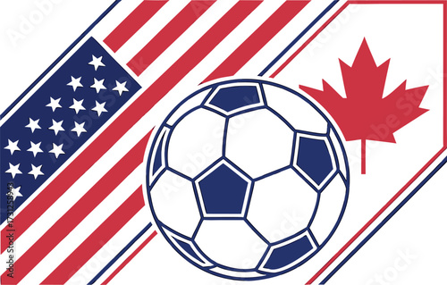Soccer ball between American and Canadian flags with red white and blue colors football sport