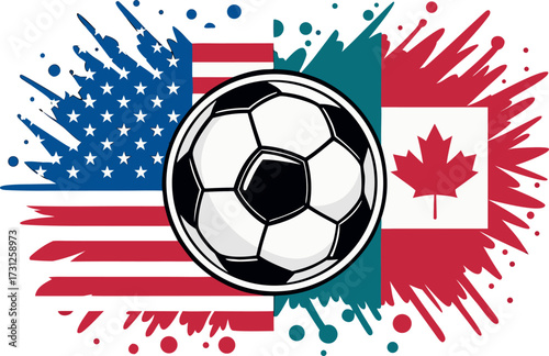 Soccer ball between U S A and Canada flags with abstract paint splashes football USA flag