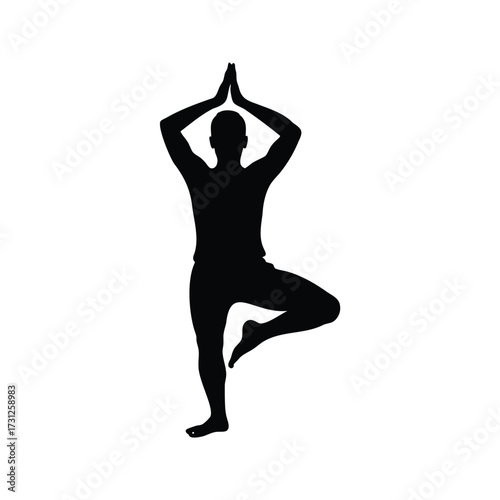 Silhouette of a person in tree yoga pose hands raised above head, man in tree pose silhouette vector illustration