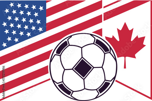 Soccer ball between United States and Canada flags graphic illustration football sport
