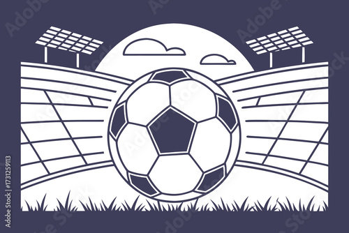 Soccer ball on grass with stadium and solar panels under cloudy sky football arena