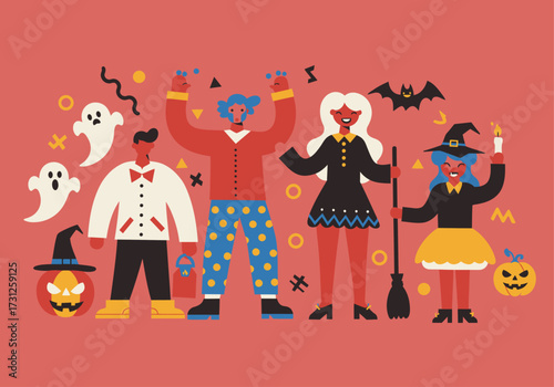 Vibrant Halloween Party: Diverse Friends in Spooky Costumes with Ghosts, Witches, and Jack-o'-Lanterns