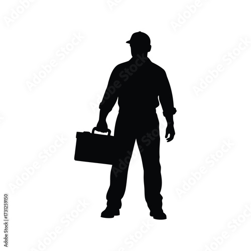 Silhouette of a man holding a briefcase, possibly a repairman or technician, mechanic holding toolbox silhouette vector illustration
