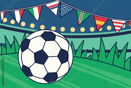Soccer ball on green field with international flags and stadium lights football sport