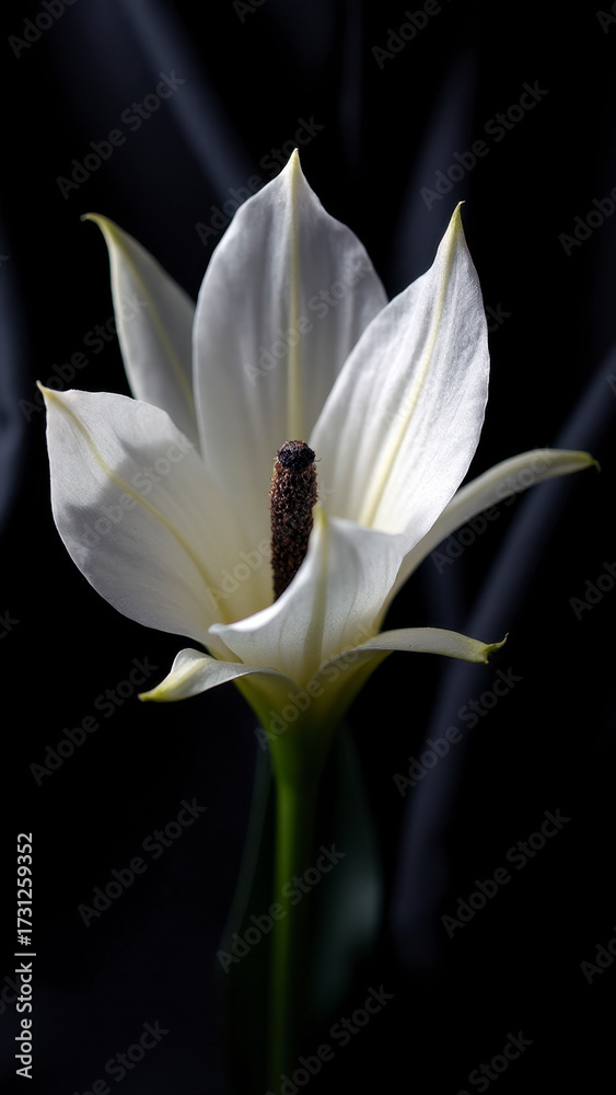 Fototapeta premium Dramatic and Luxurious Editorial Macro of a White Bat Flower on Black Silk