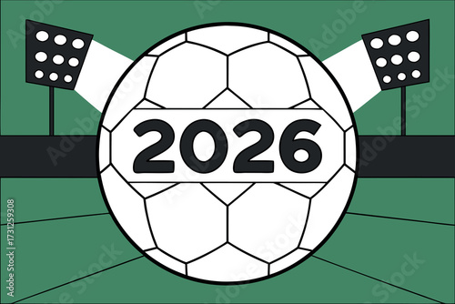 Soccer ball with 2026 year and stadium lights on green field football