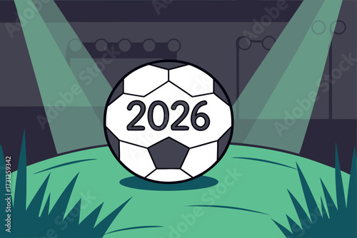 Soccer ball with 2026 year marking on grass under stadium lights football