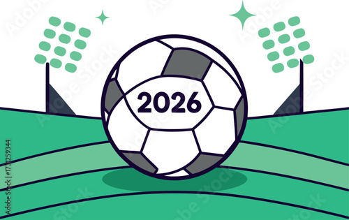 Soccer ball with 2026 year marking on green field under stadium lights football date