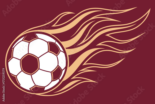 Soccer ball with abstract flame design in white and gold on maroon background football sports
