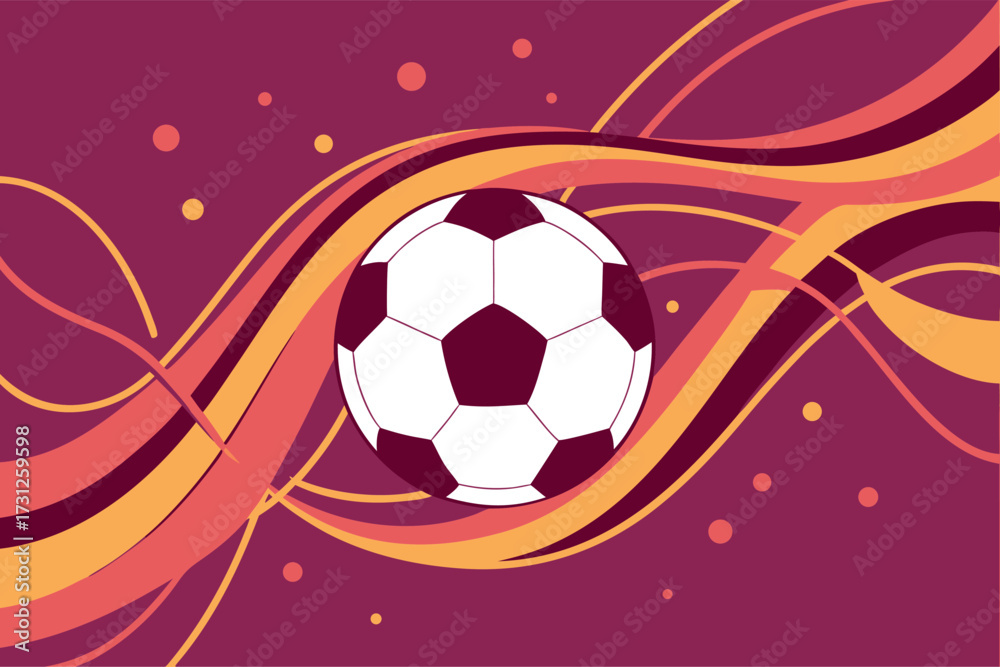 Fototapeta premium Soccer ball with swirling abstract lines and dots on purple background football sport