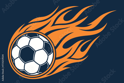 Soccer ball with orange flames on dark blue background football fire