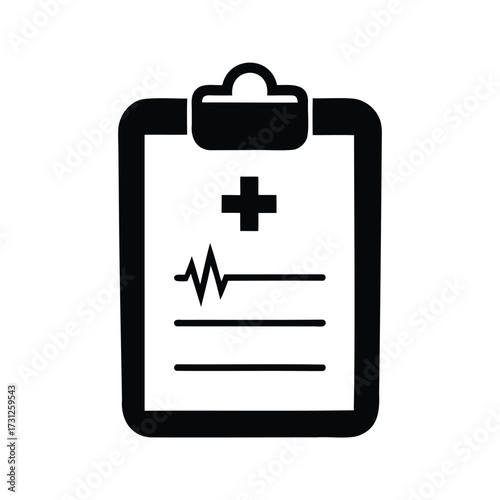 Medical clipboard with cross and heartbeat, representing health and healthcare documents, medical chart silhouette vector illustration