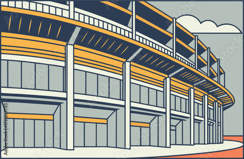 Stylized graphic illustration of a stadium grandstand with orange and blue accents architecture sports