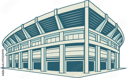 Stylized illustration of a large sports stadium with tiered seating and architectural columns in muted teal and cream colors